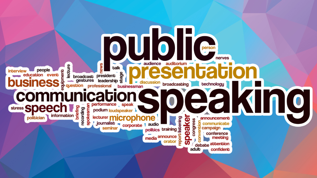 Website banner with text that shows various words to describe public speaking elements.